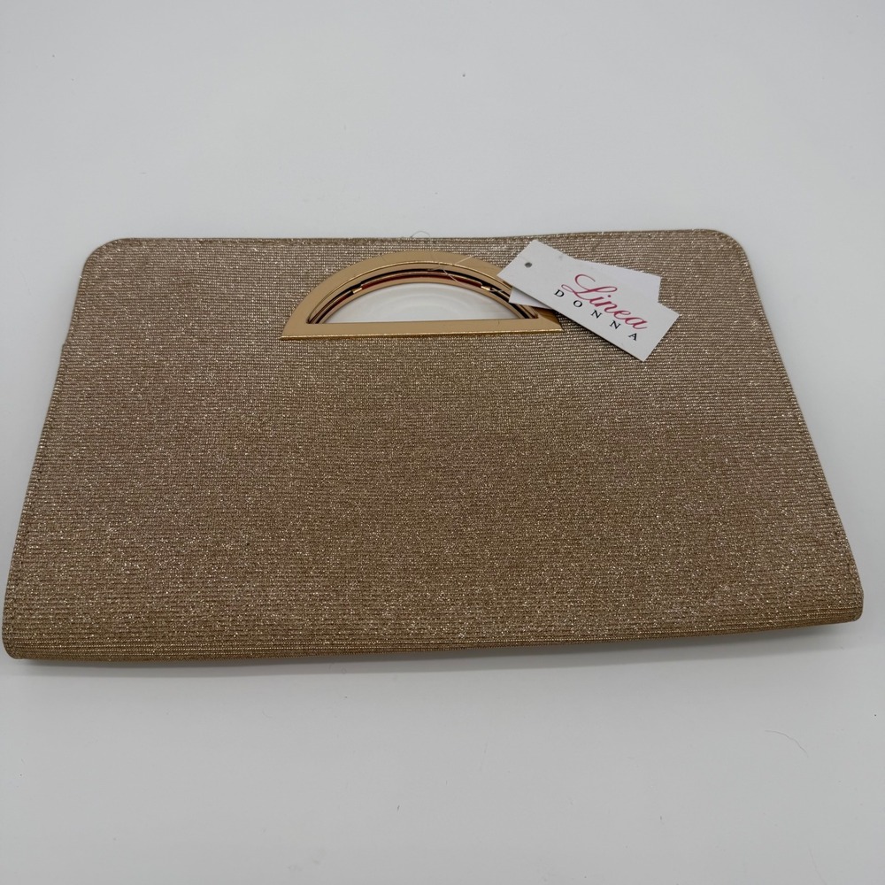 Linea Donna Gold Glitter Evening Clutch Bag Metal Cutout Handle NWT Champagne